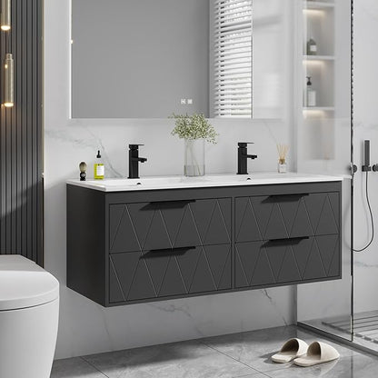 eclife 48" Bathroom Vanities Cabinet with Sink Combo, Wall Mounted Floating Cabinet W/Decor Line, Soft-Close System, 4 Extra Big Drawers, Matte Black Faucet, Black