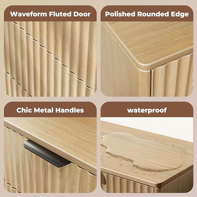 Modern Fluted 5 Drawer Tall Dresser, 48" H, Natural Oak, Curved Profile Design, Mid Century Wood Chest of Drawers for Bedroom, Living Room, Hallway