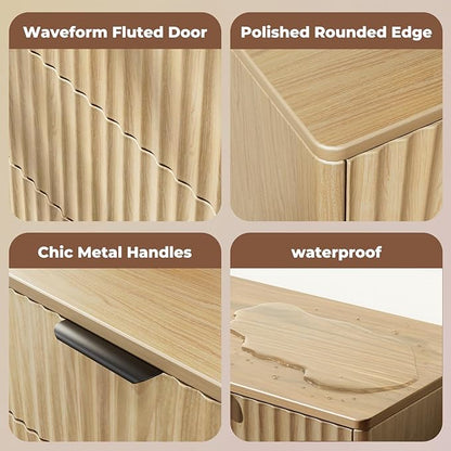 Modern Fluted 5 Drawer Tall Dresser, 48" H, Natural Oak, Curved Profile Design, Mid Century Wood Chest of Drawers for Bedroom, Living Room, Hallway