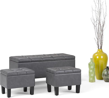 SIMPLIHOME Dover 44 inch Wide Contemporary Rectangle 3 Pc Storage Ottoman in Stone Grey Vegan Faux Leather, Assembled, for the Living Room, Entryway and Family Room