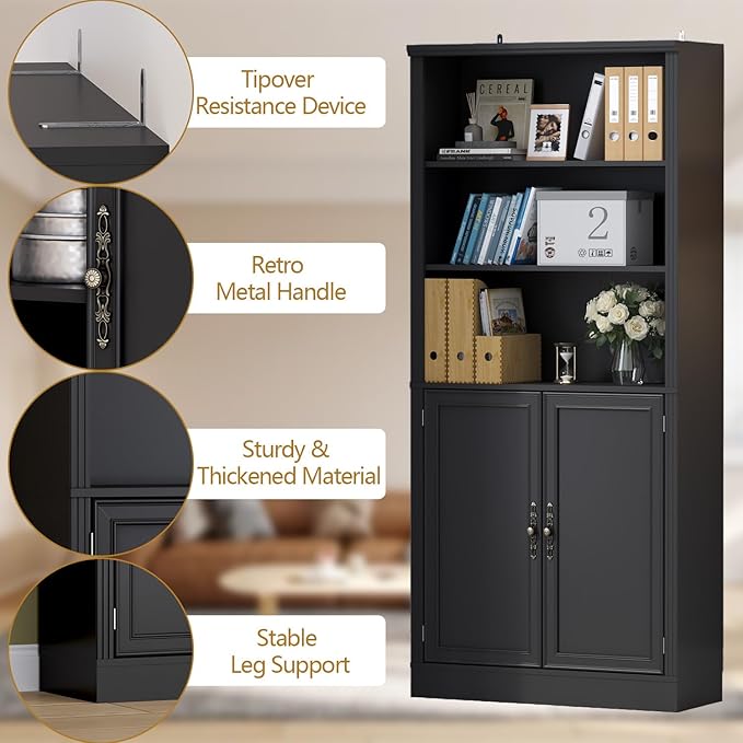 72'' Tall Bookcase with Doors, Adjustable Shelves, P2 MDF Construction, 32'' Wide Freestanding Cabinet with Metal Handles, Hidden Storage for Living Room, Bedroom, Black