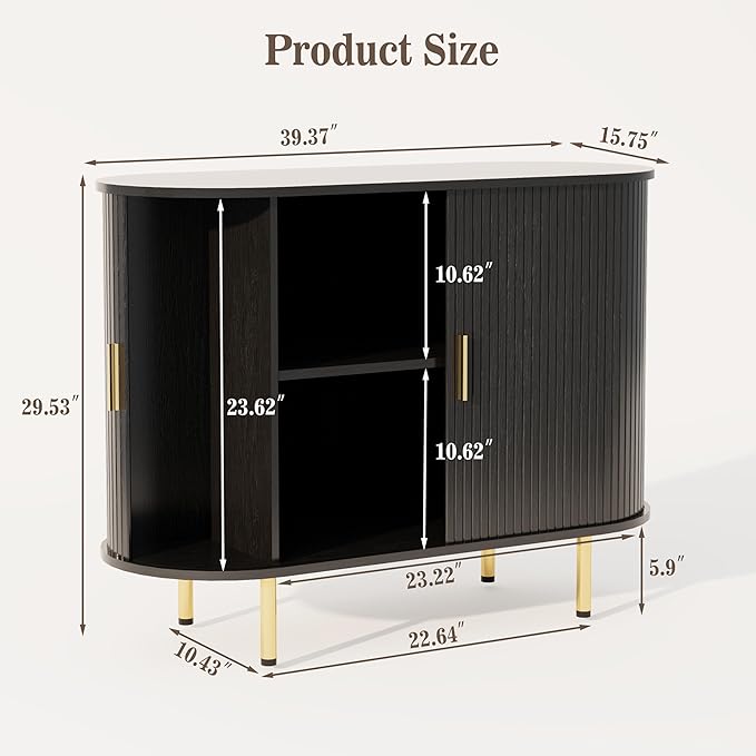 DHH Storage Cabinet, Fluted Sideboard Buffet Cabinet with Tambour Sliding Doors& Adjustable Shelf, Accent Coffee Bar Console Table for Kitchen, Living Room, Entryway (Black, 40 Inch)