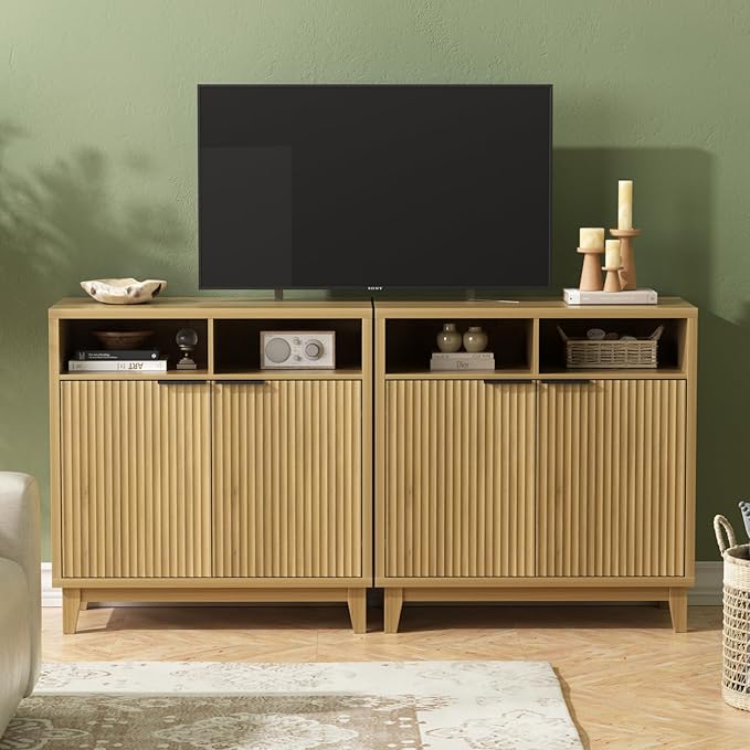 Buffet Cabinet with Storage - Elegant Fluted Storage Cabinet with Adjustable Shelves and Solid Wood Leg, Modern Buffet Sideboard for Living Room, Dining Room, Entryway