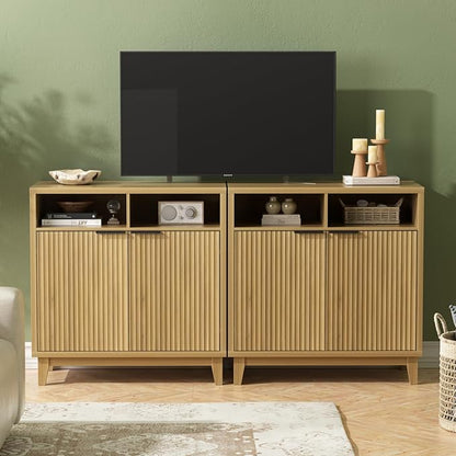 Buffet Cabinet with Storage - Elegant Fluted Storage Cabinet with Adjustable Shelves and Solid Wood Leg, Modern Buffet Sideboard for Living Room, Dining Room, Entryway