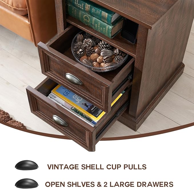 21" Tall Nightstand with Charging Station, Farmhouse 18" Wide End Table with 2 Storage Drawers, Wood Rustic Side Table w/Open Shelf for Bedroom, Living Room, Closet, Brown