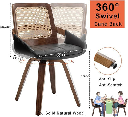 Set of 2 Kitchen & Dining Room Chairs - Swivel Dining Chairs with Cane Back, Walnut Bentwood Frame, Faux Leather Seat, Arms, Versatile for Conference/Kitchen/Restaurant/Living Room (Walnut Black)