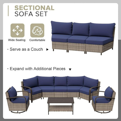 COOS BAY Aurora Terrace Half-Moon Outdoor Furniture Set, Rattan Conversation Set with Patio Chairs, Curved 5-Seat Sofa, Coffee Table, Seats 7, Beige/Blue