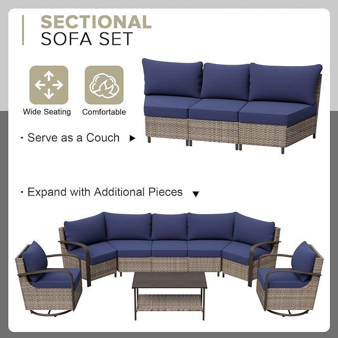 COOS BAY Aurora Terrace Half-Moon Outdoor Furniture Set, Rattan Conversation Set with Patio Chairs, Curved 5-Seat Sofa, Coffee Table & Side Table, Seats 7, Beige/Blue
