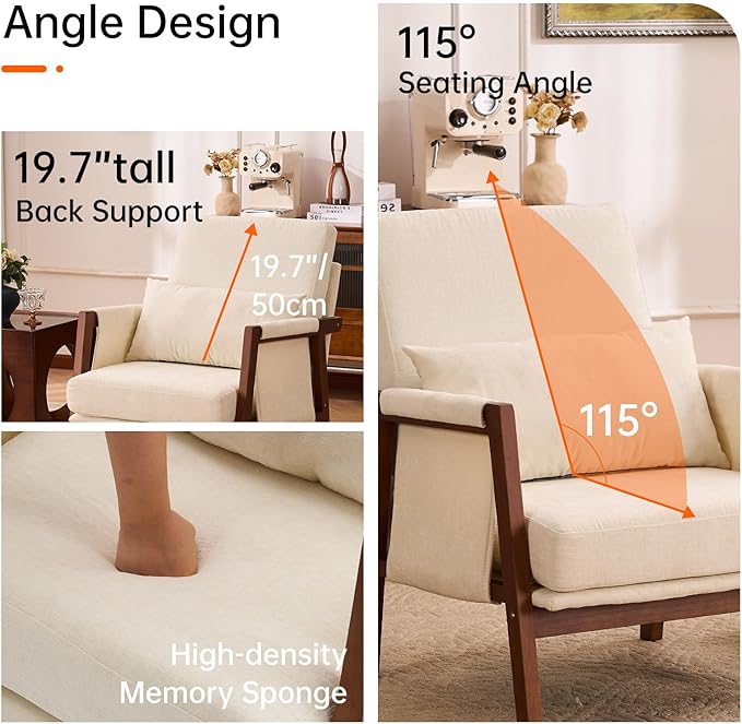 Accent Chair Mid-Century Modern with Lumbar Support Pillow, Upholstered Living Room Chairs with Wooden, Chenille Armchair with Cushion, Anthropologie Side Chair for Bedroom, Beige