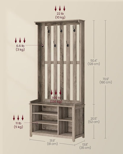 VASAGLE Hall Tree with Bench and Shoe Storage, Coat Rack with Shoe Bench, 7 Double Hooks for Jackets, Hats, Entryway, Bedroom, Living Room, 13.8 x 31.9 x 70.9 Inches, Heather Greige UHSR414G01