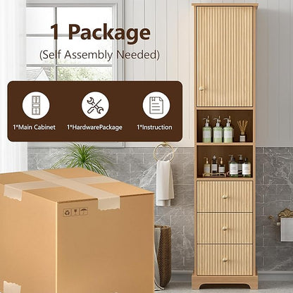Tall Freestanding Storage Cabinet with One Door & 3 Drawers, Multi-Purpose Organizer with Open Storage and Adjustable Shelf for Bathroom, Office, Living Room, Wood