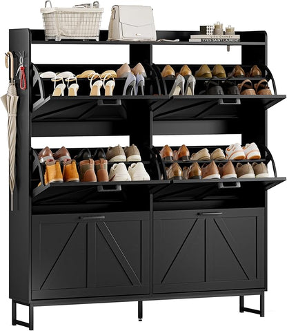 Shoe Cabinet Storage for Entryway, Shoe Storage Cabinet with 6 Flip Drawers, Freestanding Narrow Shoe Rack Organizer with Metal Legs, Adjustable Shelves & Open Storage for Foyer, Hallway, Black