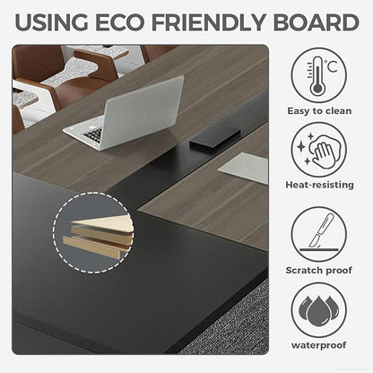 Modern Conference Table with Cable Management, Thickened Top & Trapezoidal Legs – Office Meeting Table for Executive Workspaces (Oak+Gray, 95" L