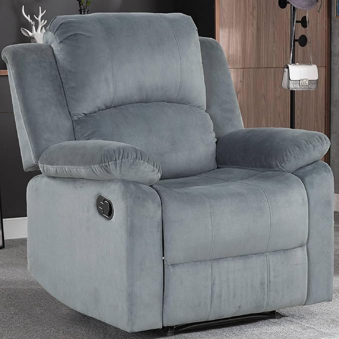 CANMOV Manual Recliner Chair, Soft Fabric Overstuffed Recliner Single Sofa Chair for Living Room, Heavy Duty and Safety Reclining Mechanism (Blue Grey)
