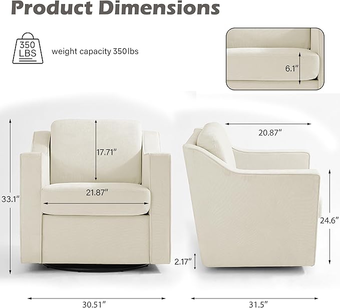 UIXE Swivel Accent Chair Set of 2, Chenille Upholstered Arm Chair for Living Room, Modern Club Armchair Comfy Single Sofa Bedroom Reading Seat with Lumbar Pillow - Cream Beige