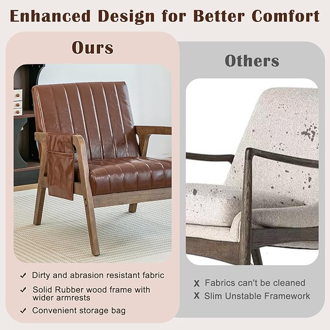 EROMMY Mid Century Modern Leather Accent Chair with Wood Frame, Faux Leather Accent Armchair with Storage Bag,Faux Pu Living Room Accent Chair for Reading, Bedroom,Reddish Brown