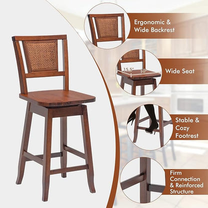 COSTWAY Bar Stools Set of 4, 24.5 Inch Counter Height Bar Stool with Rattan Back, 360°Swivel Seat, Comfortable Footrests, Rubber Wood Bar Stools for Kitchen Island, Dining Room, Cafe, Pub (4)
