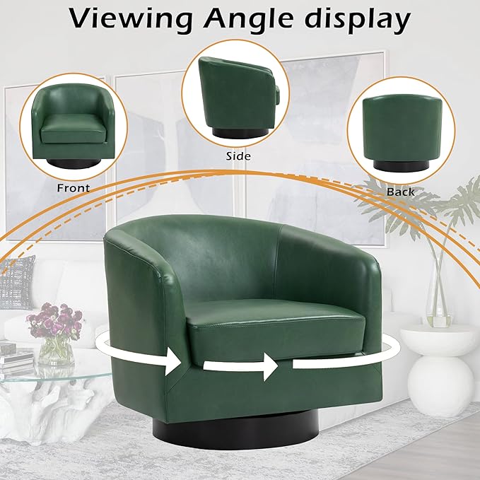 Lumibee Swivel Accent Chair, Faux Leather Swivel Barrel Chair for Living Room, Modern Comfy Upholstered Round Armchair Single Sofa Chair for Bedroom, Club-Green