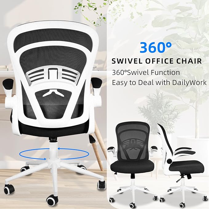 Computer Desk Chair with Wheels, Mesh Office Chair with Flip Up Arms, Adjustable Lumbar Support, Swivel Desk Chair Comfy, White