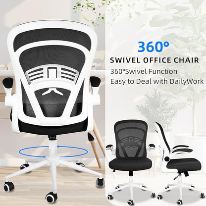 Computer Desk Chair with Wheels, Mesh Office Chair with Flip Up Arms, Adjustable Lumbar Support, Swivel Desk Chair Comfy, White