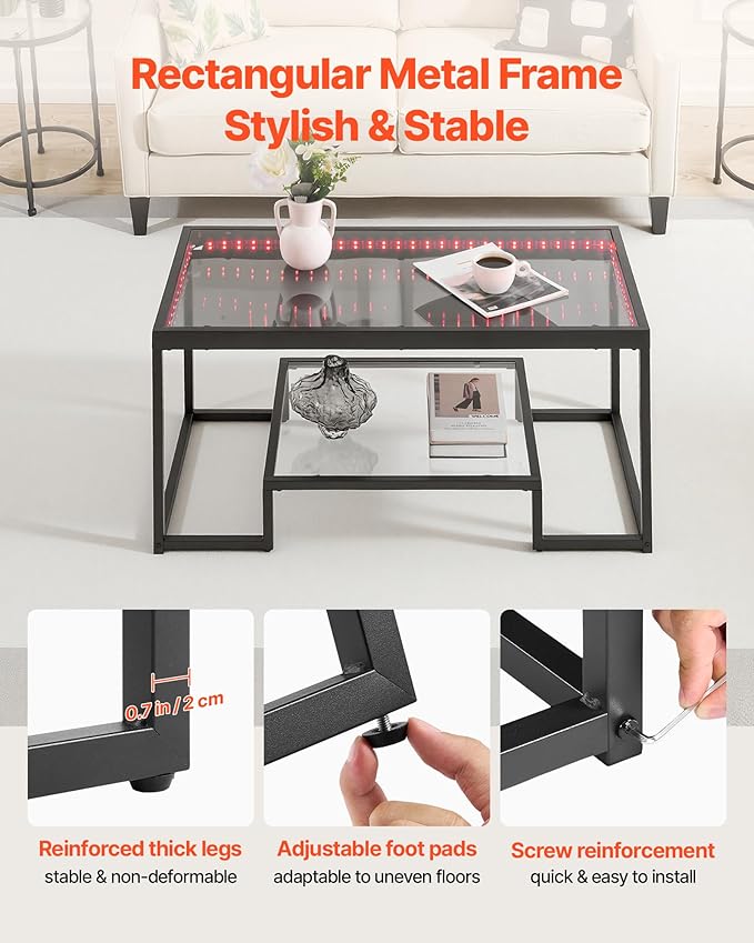 VEVOR Coffee Table, Modern Tempered Glass Coffee Table with Lighting, 2 Tiers Rectangle Glass Center Desk with Open Storage, Minimalist Metal Accent End Desk for Living Room, Office, Easy Assembly