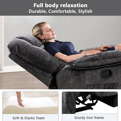 ANJHOME Massage Recliner Chairs with Heat and Vibration,Overstuffed Manual Rocking Reclining Chair for Living Room Bedroom (Grey)