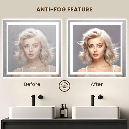 WTTY RGB LED Bathroom Mirror 36"x36" with Backlit and 3 Front Light,Stepless Dimmable LED Mirror for Bathroom,Lighted Bathroom Vanity Mirror for Wall,Anti-Fog,Memory Function,Shatter-Proof