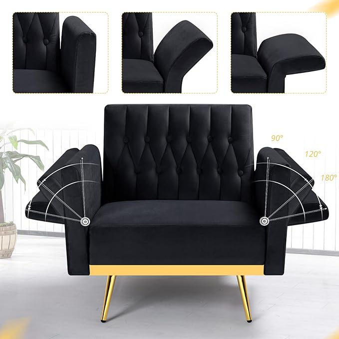 Velvet Accent Chair with Adjustable Armrests and Backrest, Button Tufted Lounge Chair, Single Recliner Armchair with Ottoman and Pillow for Living Room, Bedroom, Black