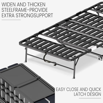 Folding Bed with Mattress for Adults, 75" x 31" Foldable Bed with Headboard and Side Pocket, Twin Size Metal Bed Frame with Wheels, Portable Rollaway Bed for Guest, Travel