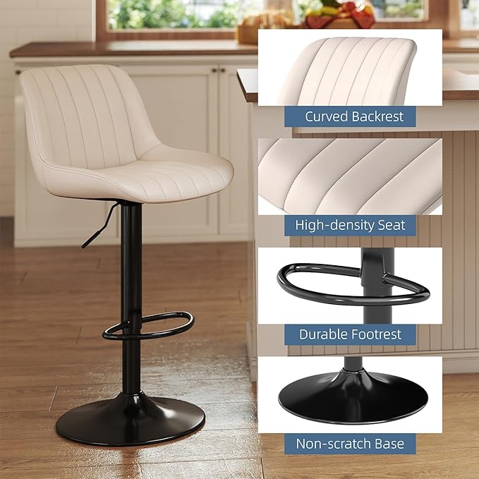 Youhauchair Bar Stools Set of 4, Swivel Counter Height Barstools with Back, Adjustable PU Leather Bar Chairs, Modern Armless Kitchen Island Stool, Beige