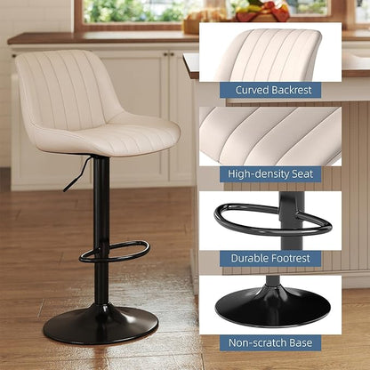 Youhauchair Bar Stools Set of 3, Swivel Counter Height Barstools with Back, Adjustable PU Leather Bar Chairs, Modern Armless Kitchen Island Stool, Beige