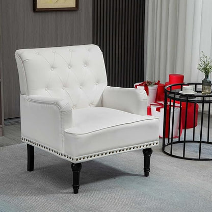 MOJAY Modern PU Leather Accent Chair Set of 2, Mid-Century Living Room Lounge Club Chair with Rivet Trim, Single Sofa Reading Arm Chair for Bedroom Home Office Study Lounges(White)