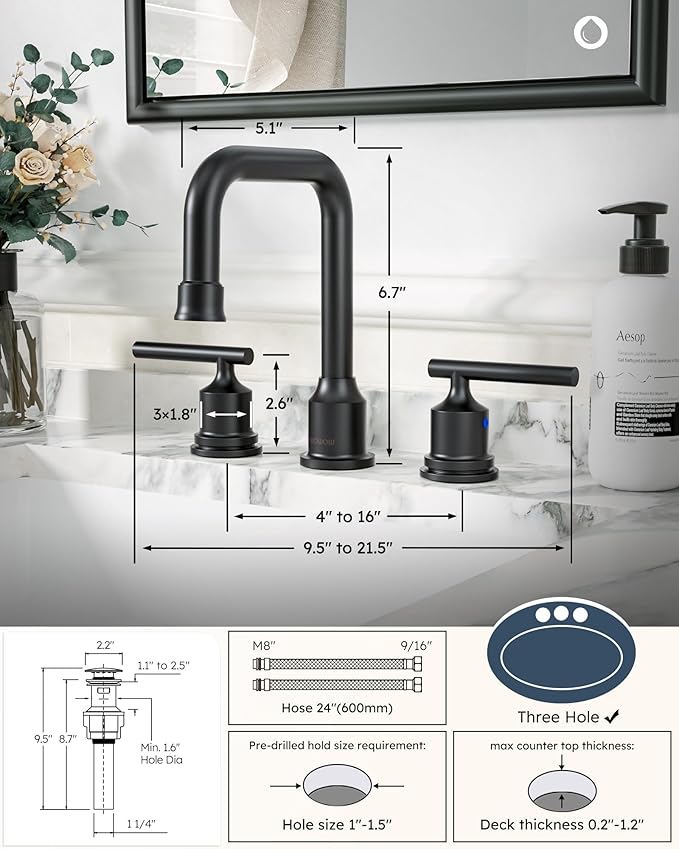 3 Hole Bathroom Faucet Black: WOWOW 8 Inch Bathroom Sink Faucet Widespread, Two Handle Vanity Taps with Pop-up Drain and Supply Lines, 360 Swivel Lavatory Tap High Arc Modern (2 Sets)