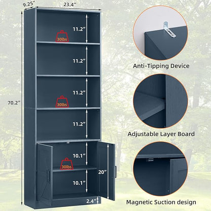 70in Tall Bookshelf 6 Tier Bookcase with Barn Doors and Adjustable Shelf, Blue Farmhouse Book Shelves with Storage Cabinet, Wood Floor Standing Display Bookshelve for Bedroom,Living Room,Kitchen