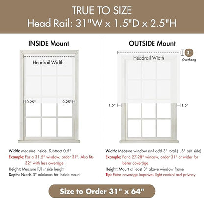 Madison Park Galen Matte White Cordless Roman Shades - Fabric Privacy Single Panel Darkening, Energy Efficient, Thermal Insulated Window Blind Treatment, for Home, Living Room Decor, 31" W x 64" H