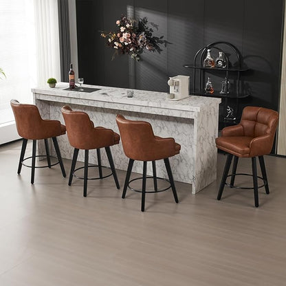 360°Swivel Counter Height Bar Stools with Back, 26 inch Solid Wood Legs, Bar Stool Modern Kitchen Island Chairs, Faux Leather (Brown- Faux Leather, 26" H- Set of 4)
