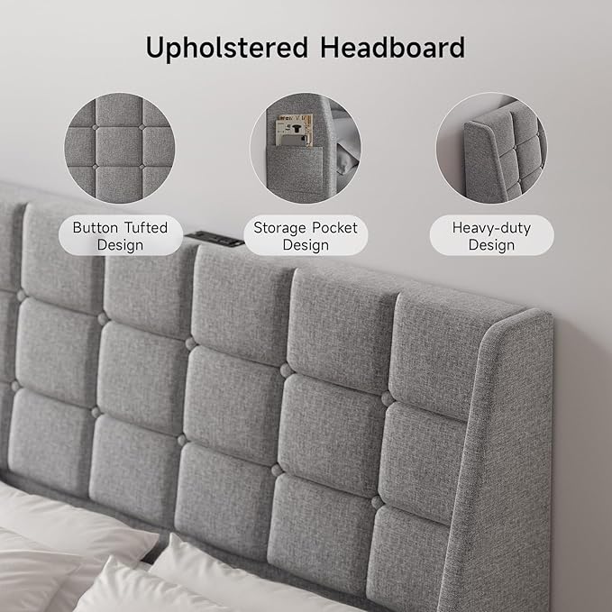 ONBRILL Ergonomic Upholstered Full Size Headboard w/Charging Station, Linen Wingback Headboards w/Storage Pocket, Full Headboard Only, Bed Frame Adapters, Sturdy Solid Wood Bed Head Board, Light Grey