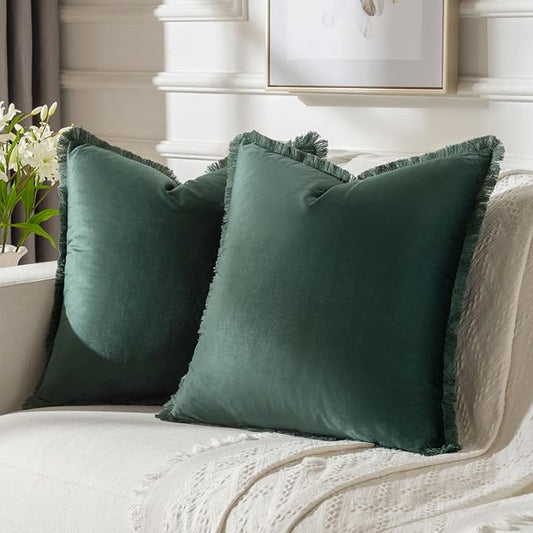 FUTEI Christmas Army Green Velvet Decorative Throw Pillow Covers 18x18 Set of 2,Soft Cozy Edge with Tassels Cushion Case,Boho Modern Home Decor for Couch Bed Living Room