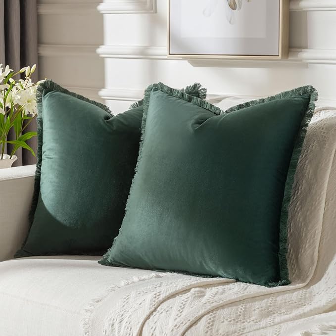 FUTEI Christmas Army Green Velvet Decorative Throw Pillow Covers 24x24 Set of 2,Soft Cozy Edge with Tassels European Cushion Case,Boho Modern Home Decor for Couch Bed Living Room