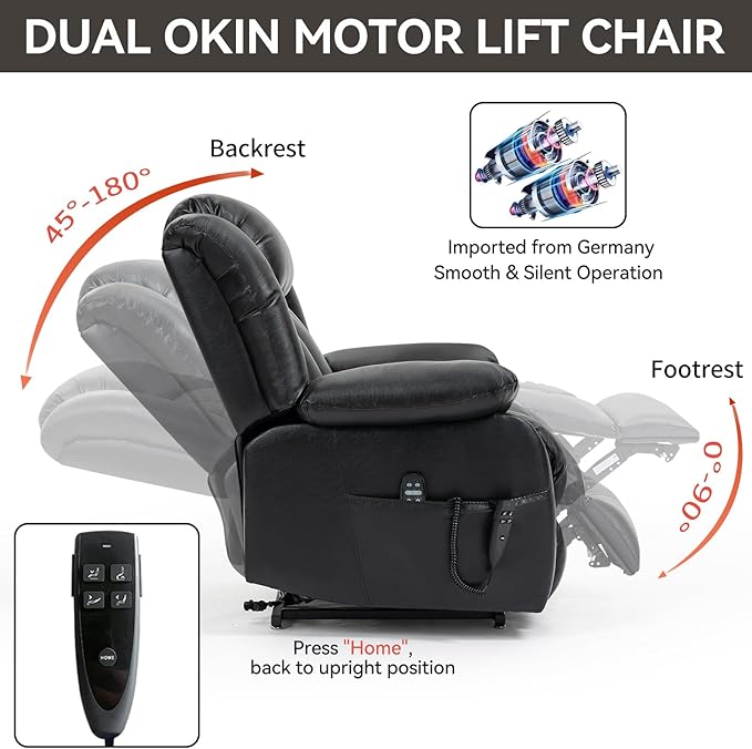 Luxlen Electric Power Lift Recliner Chair with Vibration Massage and Heat, Leather Reclining Chairs for Elderly with Remote Controls, Side Pockets, Big and Tall Recliner, Black