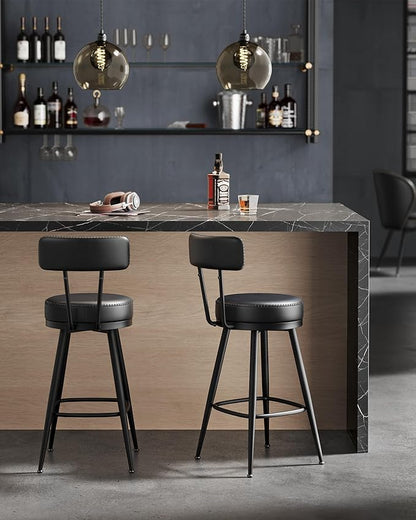 VASAGLE EKHO Collection - Bar Stools Set of 2, Swivel Counter Height Bar Stools with Back, Synthetic Leather with Stitching, Mid-Century Modern, 25.6-Inch Tall Barstools for Kitchen Bar, Ink Black
