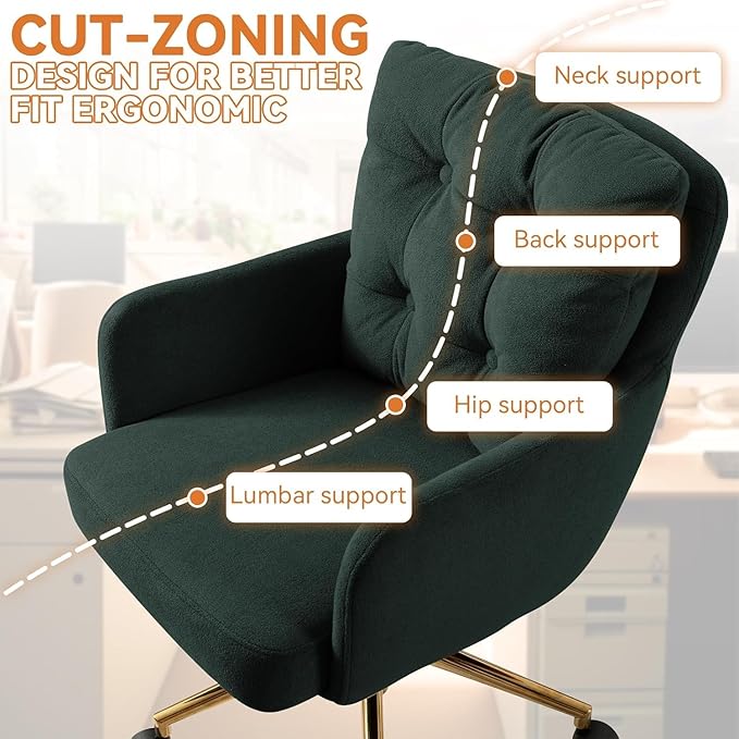 Plush Fabric Office Chair, Comfy Home Office Desk Chairs with Lumbar Support, Modern Plush Fabric Desk Chair Gold Legs Swivel Task Chair for Home Office, Bedroom, Study, Green Upgraded Version