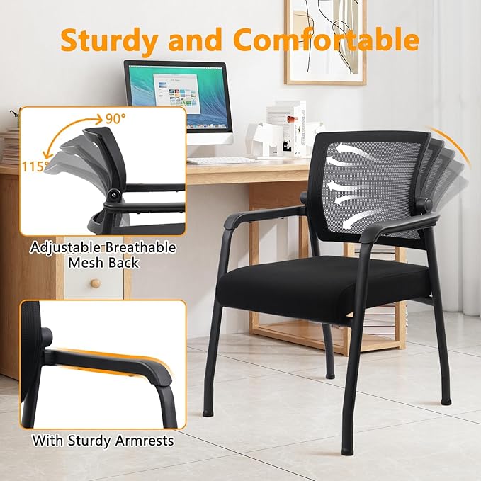 8PK Office Guest Chairs No Wheels | Ergonomic Lumbar Support and Thicked Seats Cushion, Desk Chair with Adjustable Mesh Back for Waiting Room School Church Reception，Black