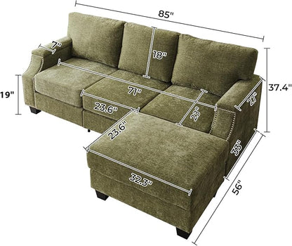 85'' L Shaped Couch with Armrest Organizer,3 Seats Sofas with Storage Ottoman,Comfy Sectional Sofa with Thick Cushion,Chenille Sectional Couches for Living Room,Bedroom,Apartment,Green