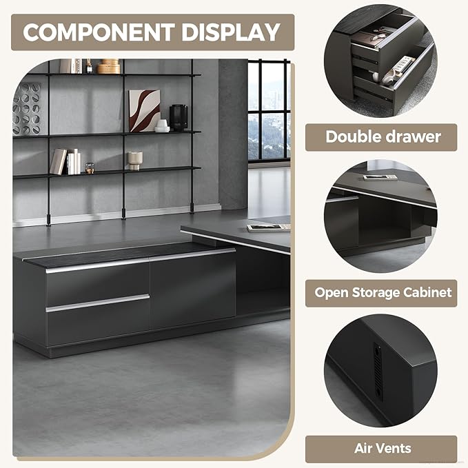 Modern L Shape Executive Desk with Storage Drawers – Large Black Corner Office Desk for Home Workspace, Spacious Executive Desk with Cabinets (Black/Right, 87" L * 63" W * 30" H)