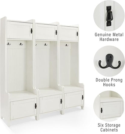 Crosley Furniture Fremont 3-Piece Hall Tree Entryway Set with Storage Cabinets and Coat Rack Hooks, Distressed White