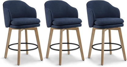 Counter Height Barstools 26 inch Upholstered Swivel Bar Stools with Back and Wood Legs for Kitchen Island,Set of 3,Blue Fabric