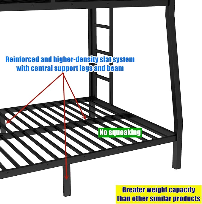 Higher Quality & Stronger Metal Twin XL Over Queen Bunk Bed, Thickened Heavy Duty More Stable Safer Black Steel Bunkbed Bunk Queen Bed (Easier to Assemble) (Twin XL Over Queen)