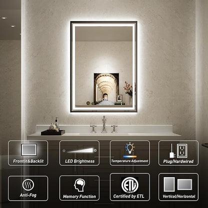 24x32 Inch LED Bathroom Mirror with Lights, Frontlit & Backlit Black Metal Frame Mirror, Wall Mounted Lighted Vanity Mirrors, Double Lights Strips,Anti Fog Dimmable & 3 Colors Temperature