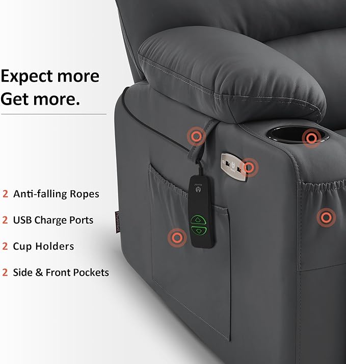 MCombo Power Lift Recliner Chair for Elderly, Lift Chair with Heat and Massage, Extra Wide Lift Recliner for Big People, Faux Leather R7096 (Medium-Wide, Grey)